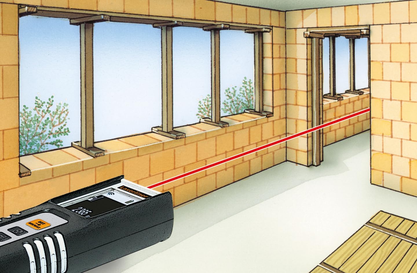 Laserliner DistanceMaster Compact measuring a distance across a room from a window frame to a doorway.