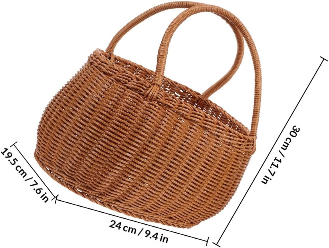 Imitation Rattan Picnic Basket Large Woven Storage Container 30x24x20cm Rustic Sundries Organizer for Kitchen and Outdoor Use