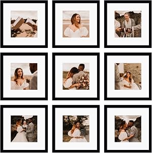 12x12 Black Picture Frame Set of 9,Display Pictures 8x8 with Mat or 12 x 12 without Mat,Multi Collage Gallery Square Photo Frames for Wall or Tabletop