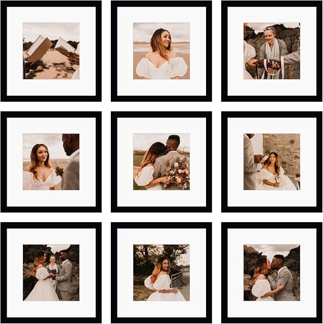 12x12 Cadre de cadre noir 9,Afficher les images 8x8 avec Mat ou 12 x 12 Sans Mat, Galerie Multi Collage Cadres de photos carrées pour mur ou table