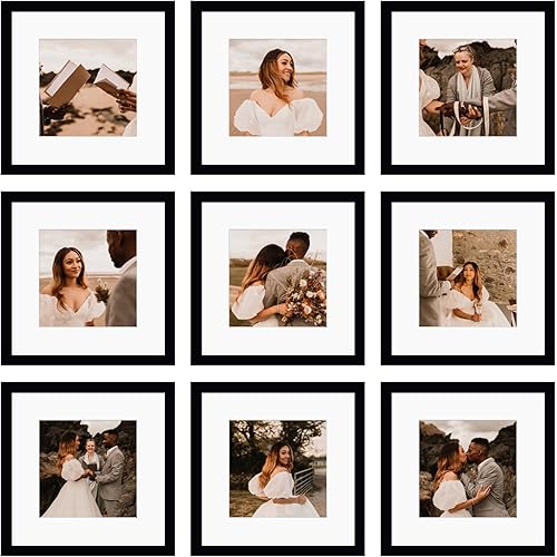 12x12 Picture Frame Set of 9, Display Pictures 8x8 with Mat or 12x12 without Mat, Multi Collage Gallery Square Photo Frames for Wall or Tabletop, Black