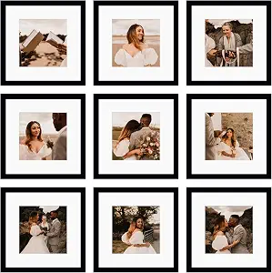 12x12 Picture Frame Set of 9, Display Pictures 8x8 with Mat or 12x12 without Mat, Multi Collage Gallery Square Photo Frames for Wall or Tabletop, Black