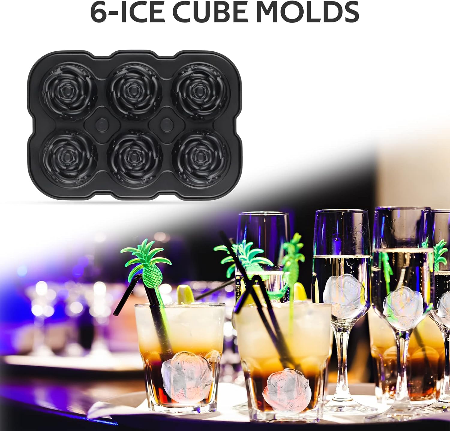 Ice Cube Tray, 2 inch Rose Ice Cube Trays With Covers, 6 Cavity