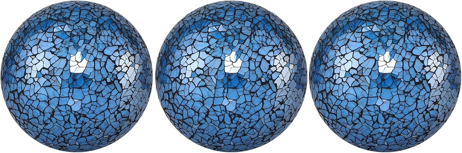 BIMUYI Mosaic Centrepieces, Ornamental Balls, Mosaic Glass Balls, 10cm Diameter, Pack of three (Blue)
