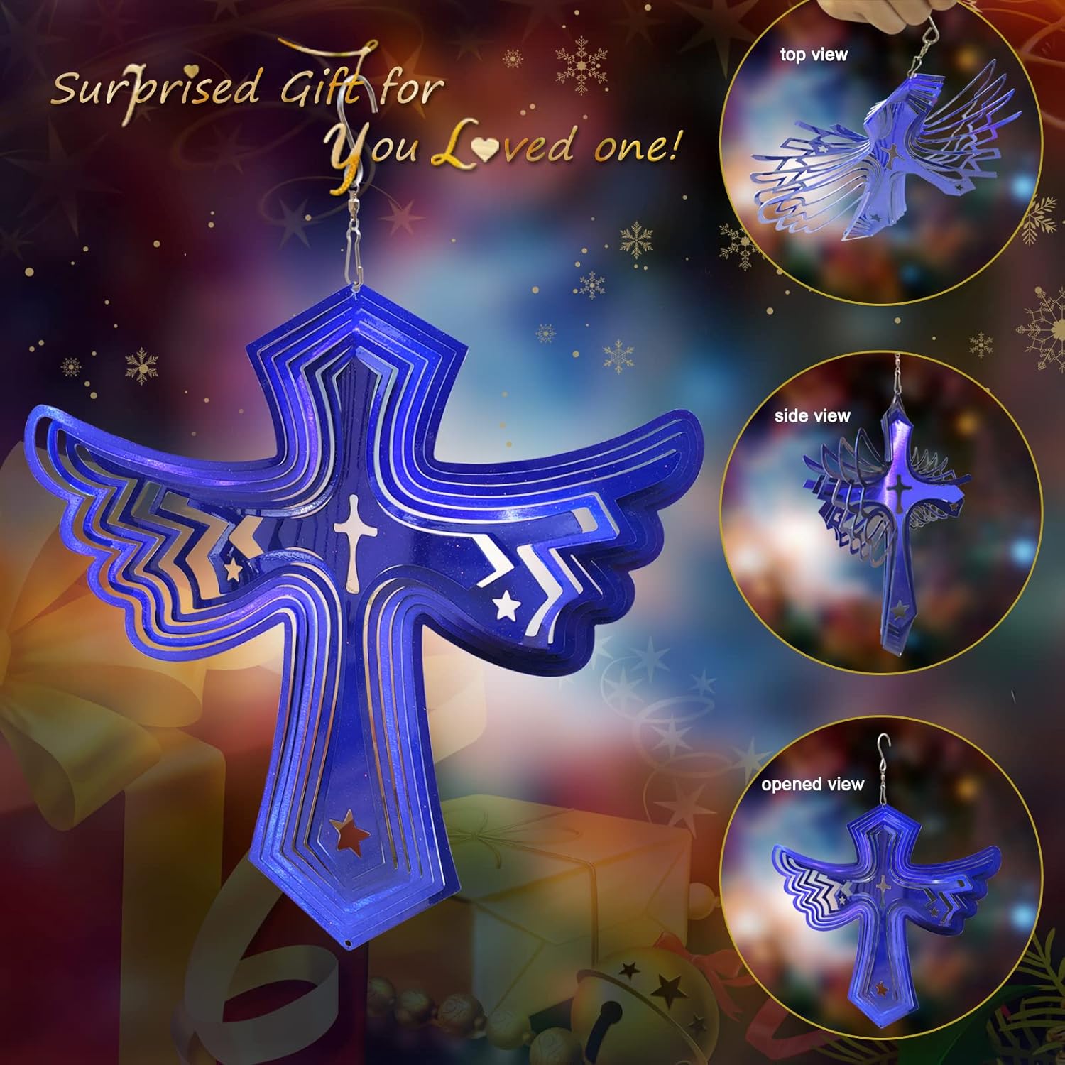 Fonmy Stainless Steel Wind Spinner Worth Gift Indoor Outdoor Garden Decoration Crafts Ornaments Metal Art Kinetic Yard Art Decorations 12 inch Blue Color Angel Wing Cross Wind Spinners