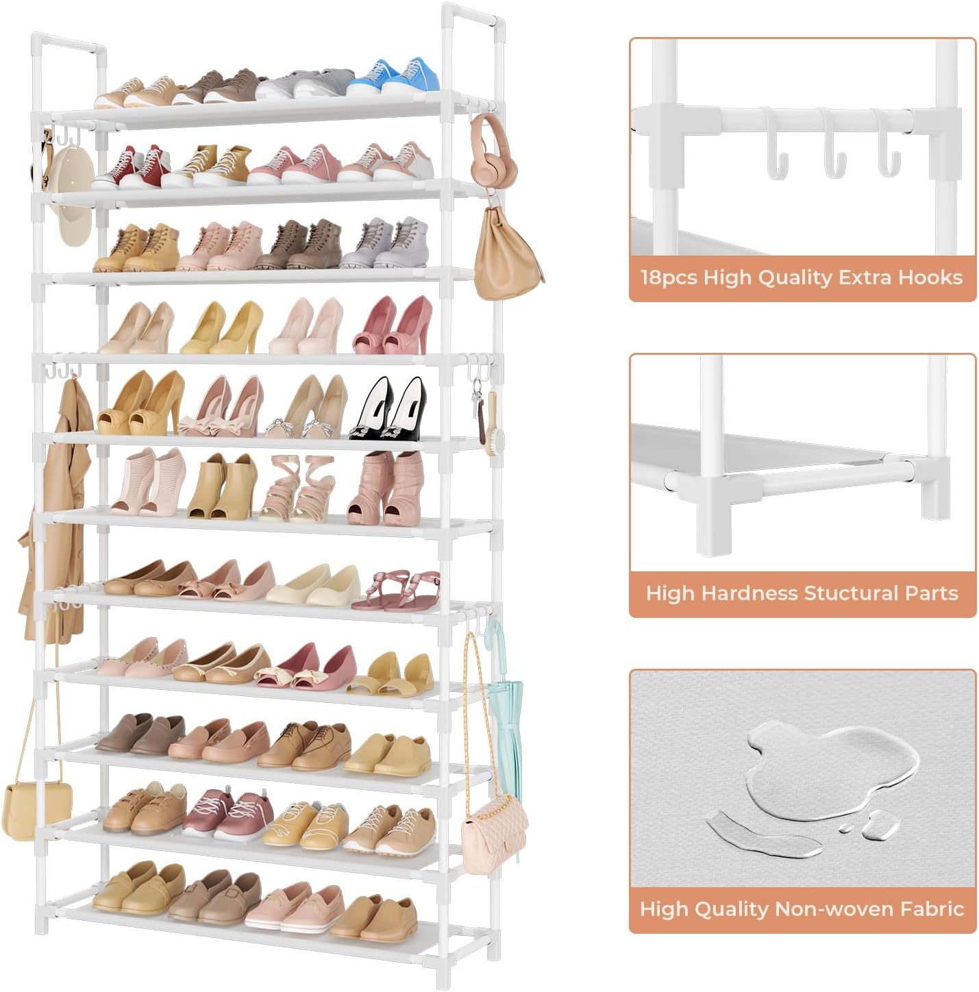LANTEFUL 11 Tiers Tall Shoe Rack Holds 55 Pairs of Shoes with 18pcs Hooks Sturdy Wide Shoe Organizer Storage Free Standing Metal Shoe Shelf for Closet, Entryway White