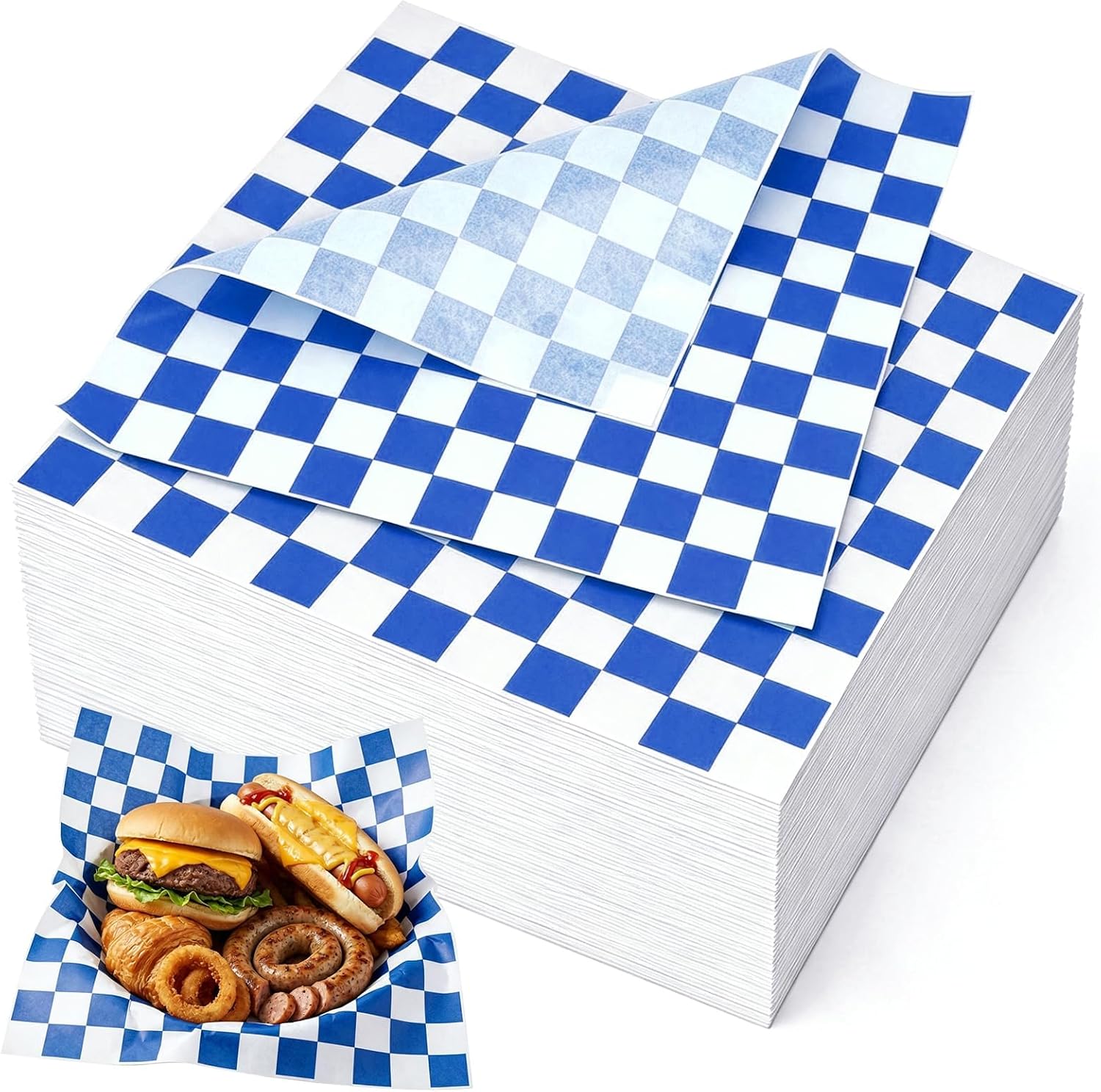Oomcu 200 Sheets Blue & White Checkered Dry Waxed Deli Paper, 15x15in