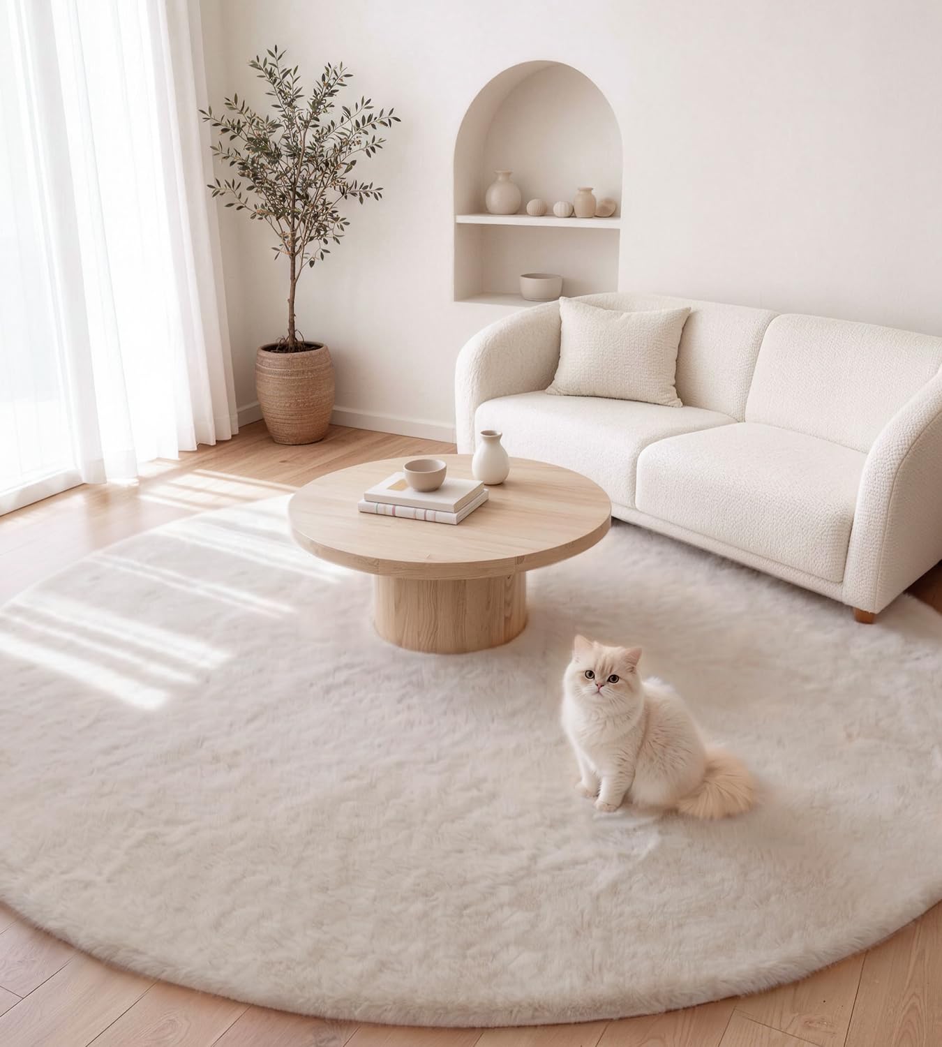 Kunstfell Teppich Kurzflor Wohnzimmer Rund 120 cm Beige Waschbar | Kaninchenfell-Optik | Maschinenwaschbar & rutschfest | OEKO-TEX zertifiziert | Ideal für Sofa, Schlafzimmer & Kinderzimmer