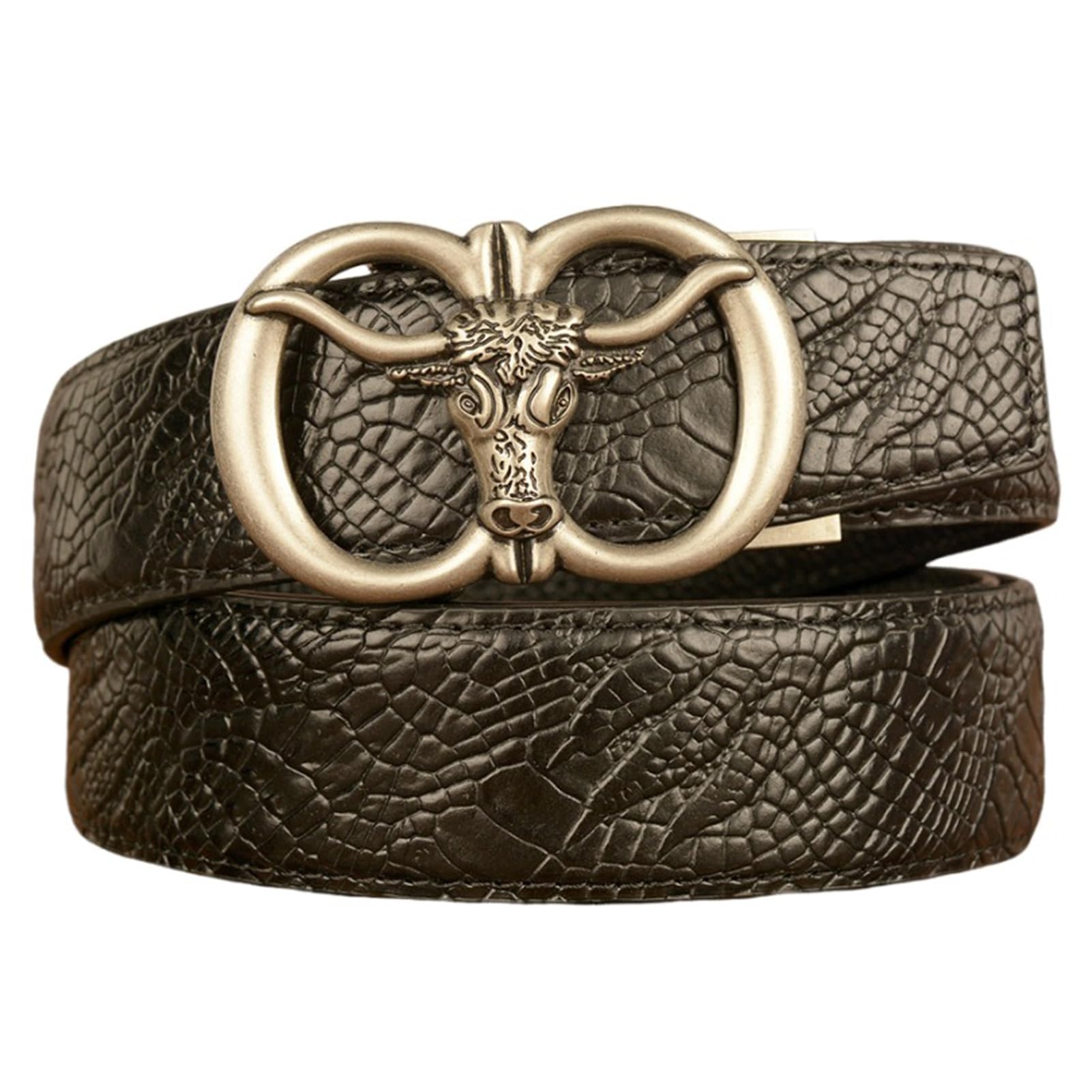 BDAYEK Men's Belt Men's Ratchet Embossed Belt Cowboy Western Longhorn Texas Bull Automatic Silver Buckle Adjustable Black(Black,120Cm/47)