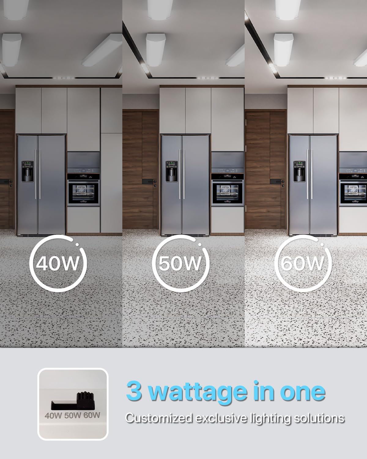 Comparison of light output at 40W, 50W, and 60W settings in a room, with an inset showing the wattage interruptor de selecció.
