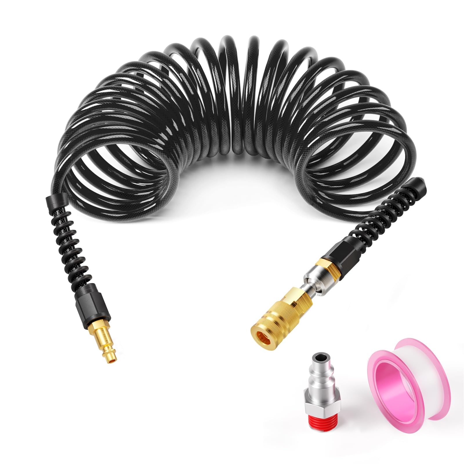 GASHER 1/4" x 10FT Reinforced Polyurethane Recoil Air Hose with Bend Restrictor, Air Hose kit With 360°Swivel Coupler, 1/4" Industrial Quick Coupler and Plug(Black)