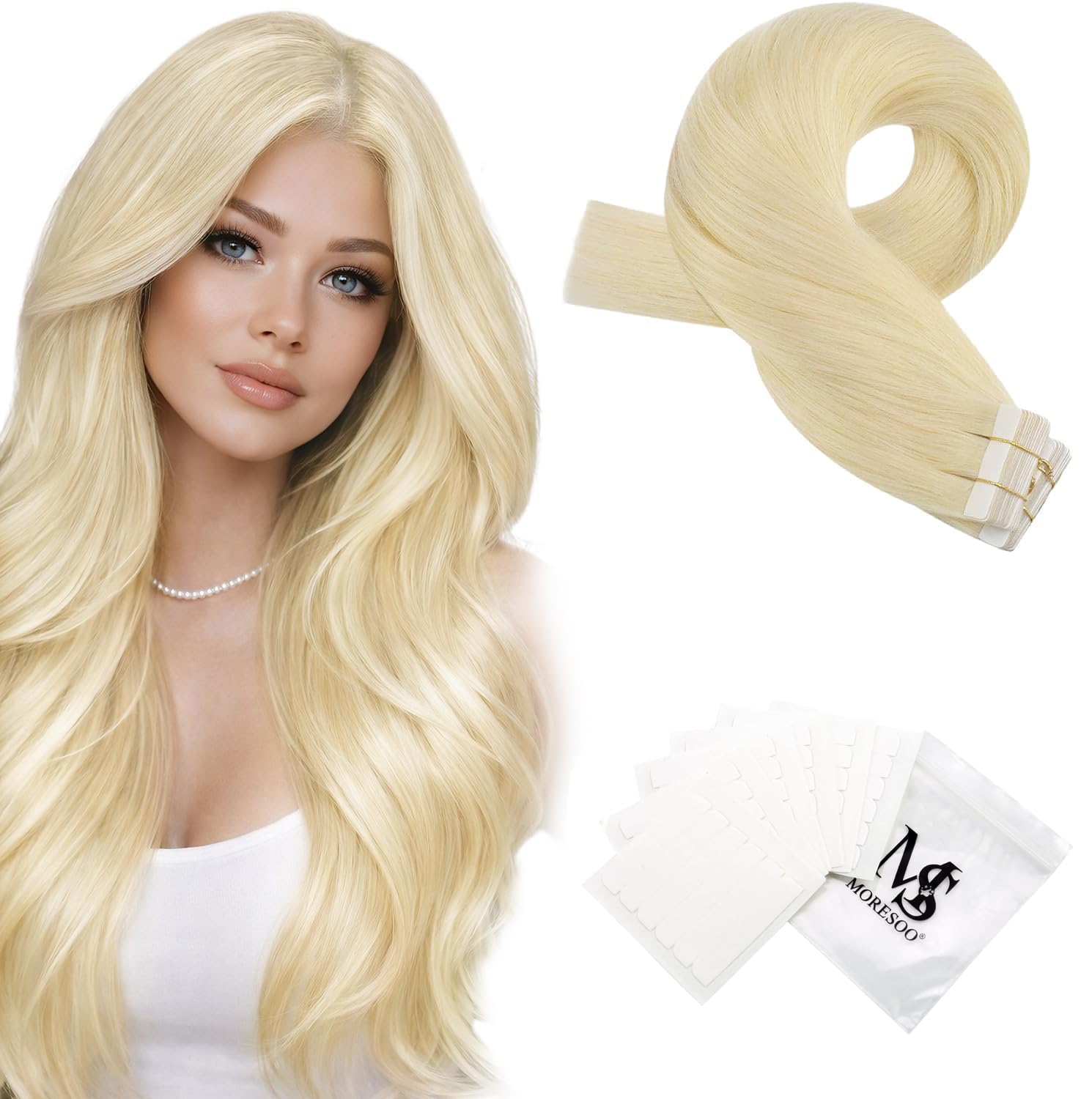 Moresoo Extension Adesive 55 cm #60 Biondo Platino + Biadesivo Bundle
