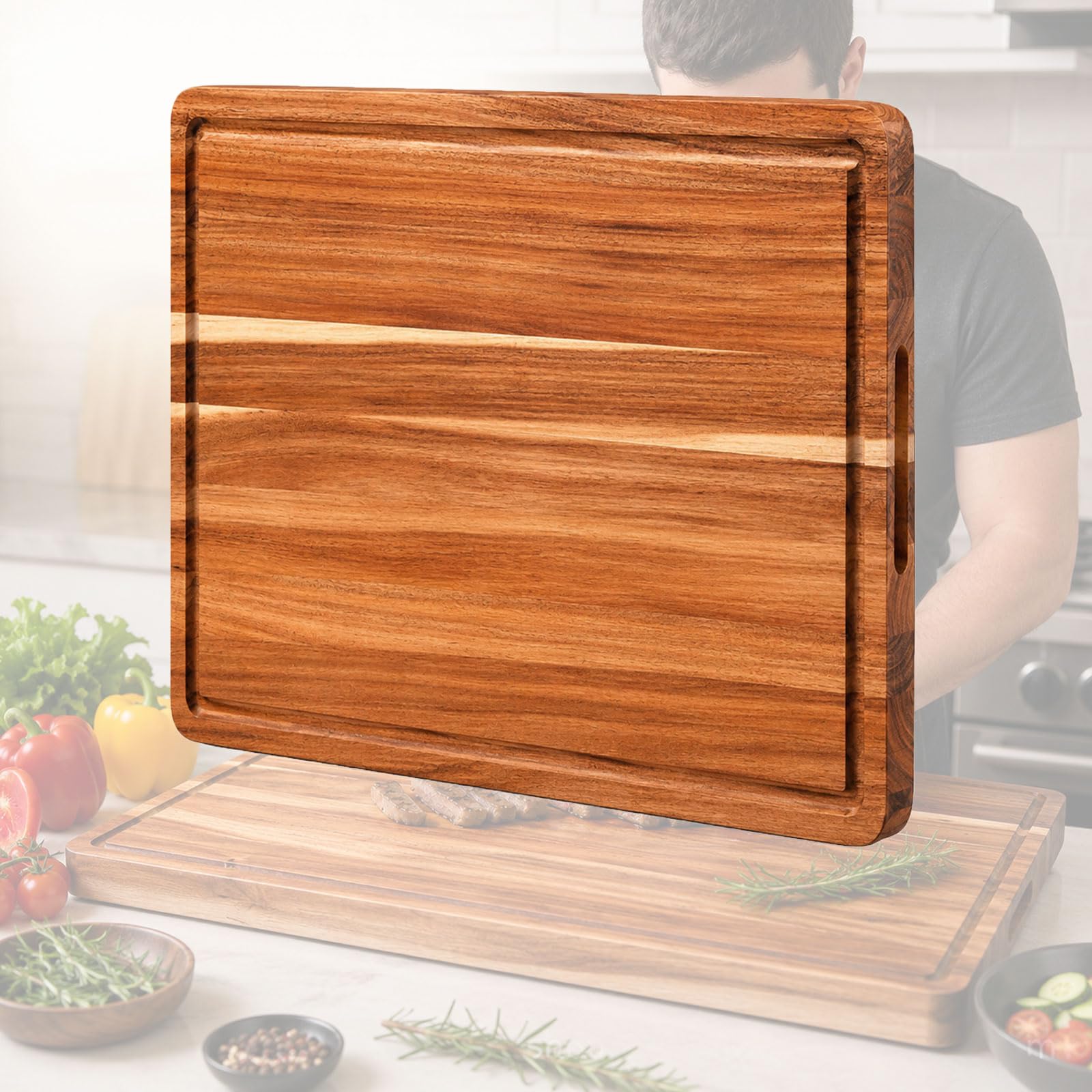 PSKJHN Chopping Boards for Kitchens - Cutting & Serving Tray, Acacia Wood Cutting Boards with Juice Groove for Carving Meat, Fish, Vegetables, Fruits, Cheese & Bread, House Warming Gifts New Home