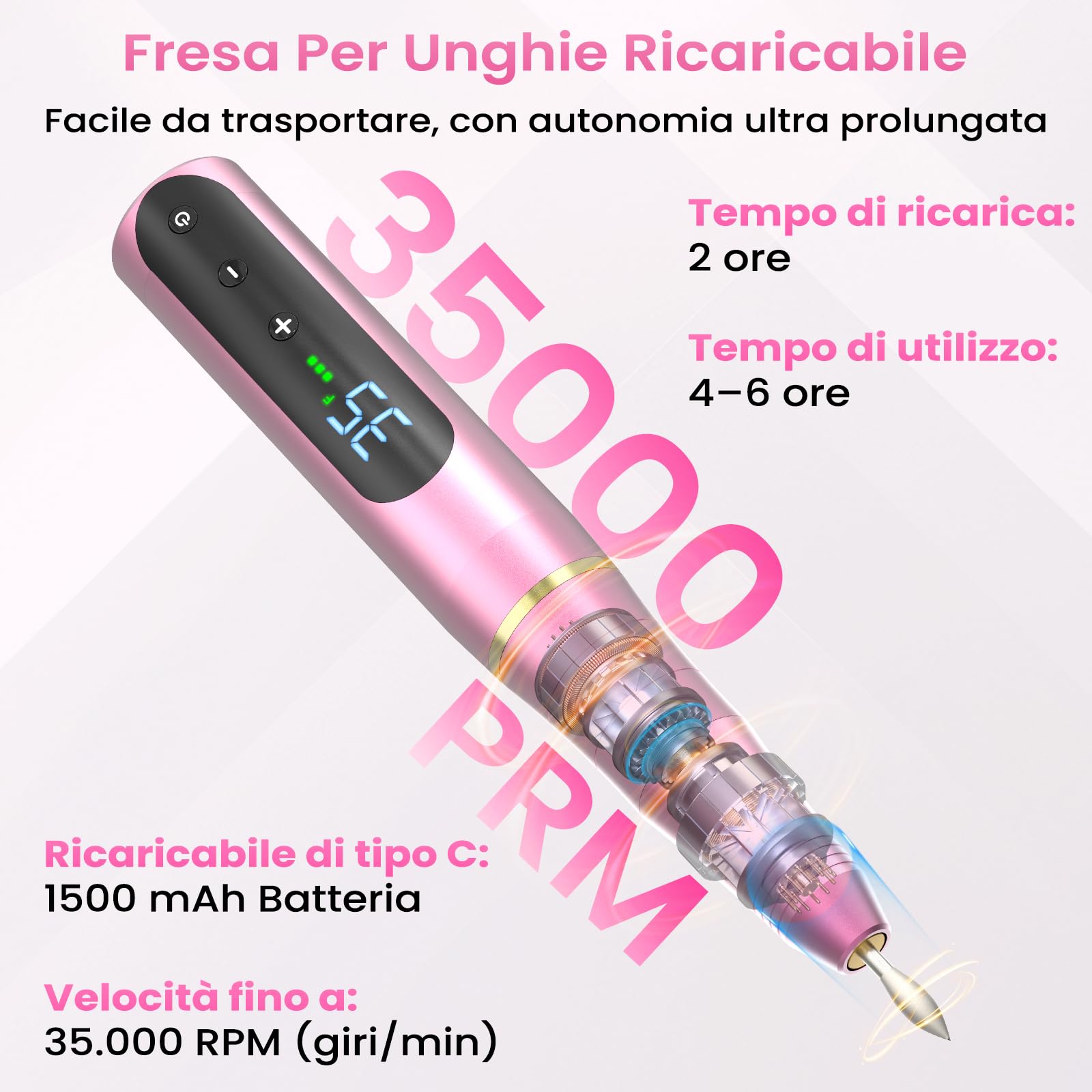 NAILGIRLS Fresa per Unghie Professionale 35000 Giri, Lima Elettrica per Unghie con Schermo LED, 11 in 1 Ricaricabile Frese per Unghie Portatile Trapano per Unghie Senza Fili Velocità Regolabile, Rose