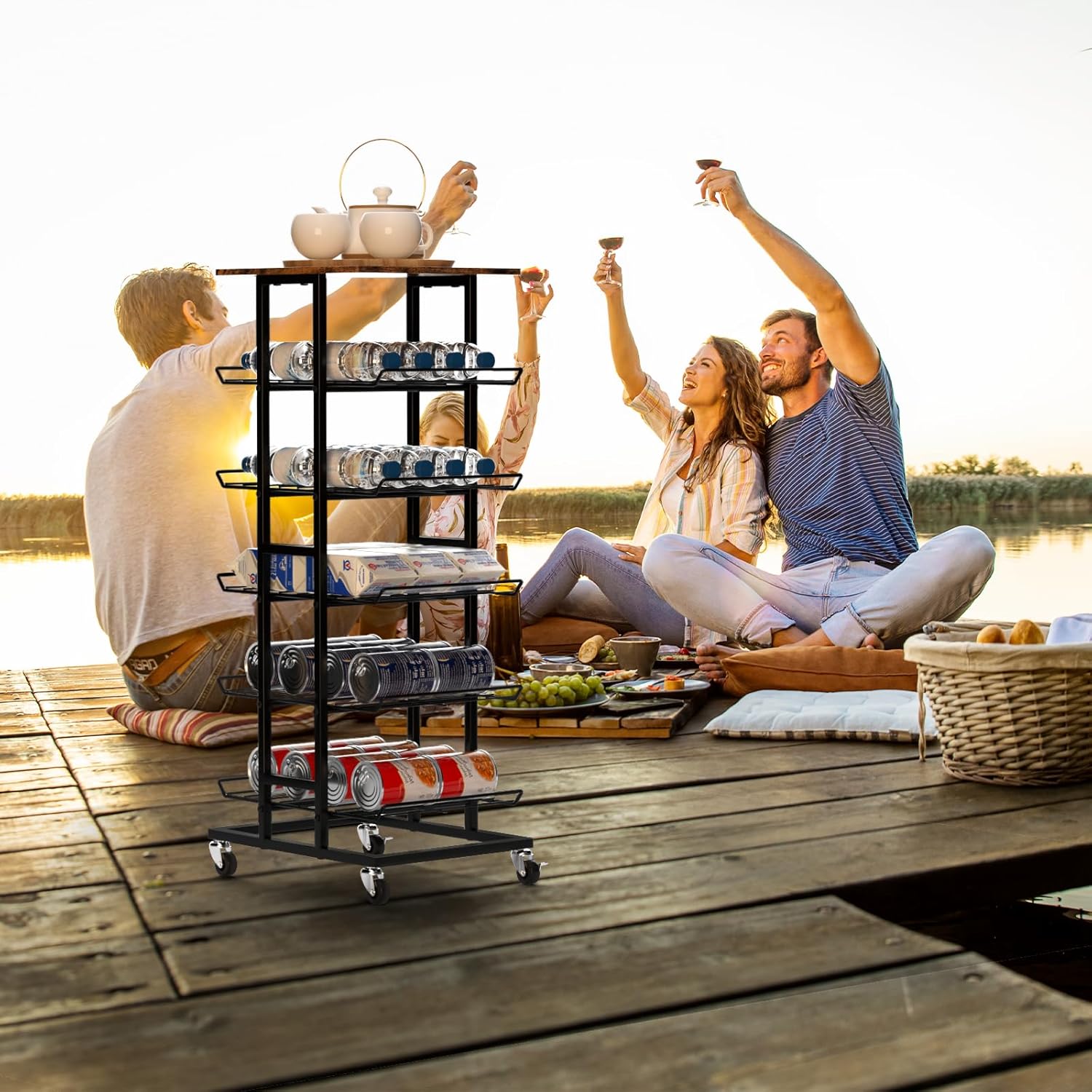 Water Bottle Organizer 6 Tier Bottled Water Storage Rack with Wheels Water Bottle Stand Drink Holder Metal Beverage Rack Soda Can Shelf Organizer for Pantry Kitchen Home Office Party, Brown - Image 2