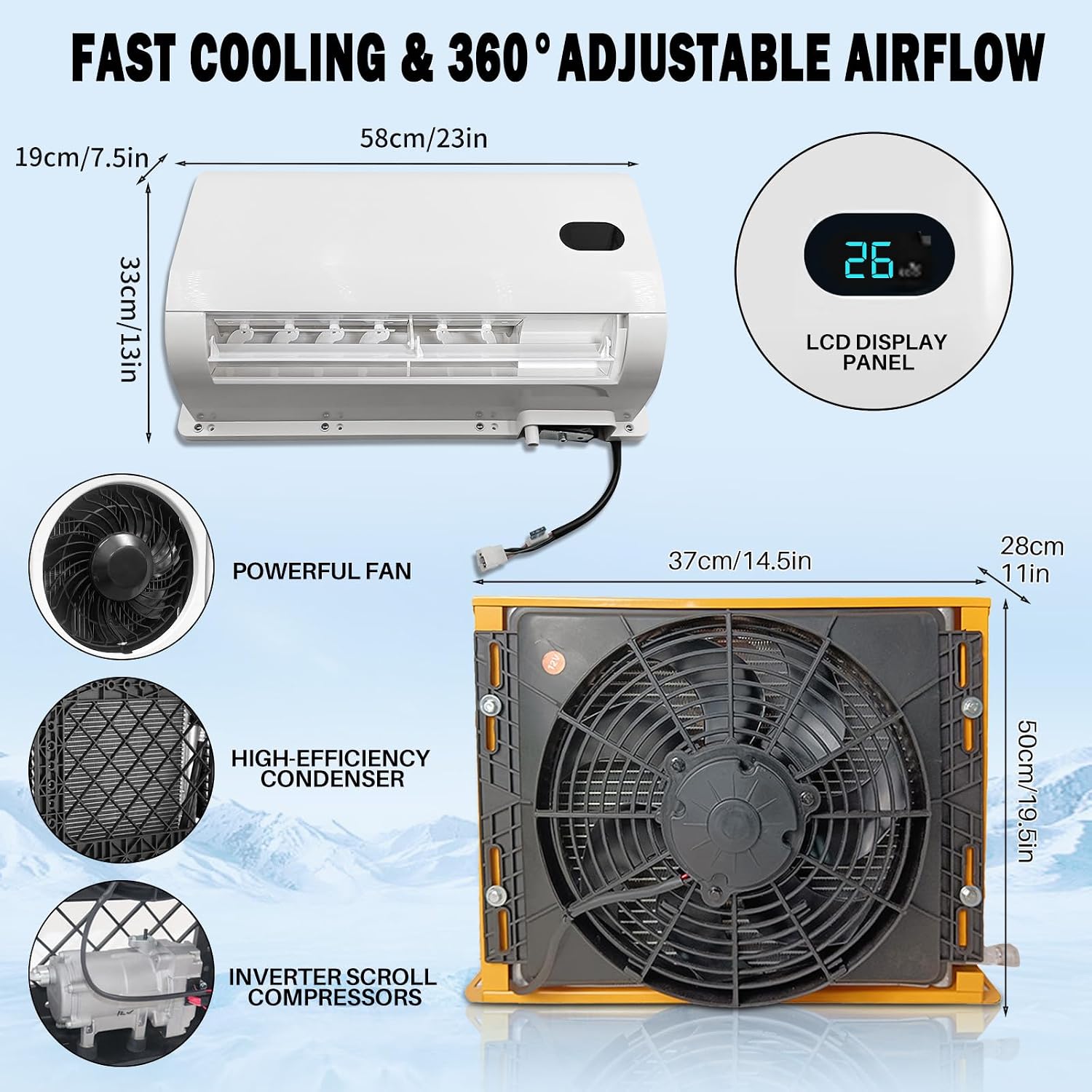 Tractor Cab 12 Volt DC Air Conditioner Mini Split 12V AC Unit – 8,300 BTU A/C Unit High Efficiency Fast Cooling APU for Semi-Truck Parking, Cargo Trailer, Van, Towing & Farm Vehicles