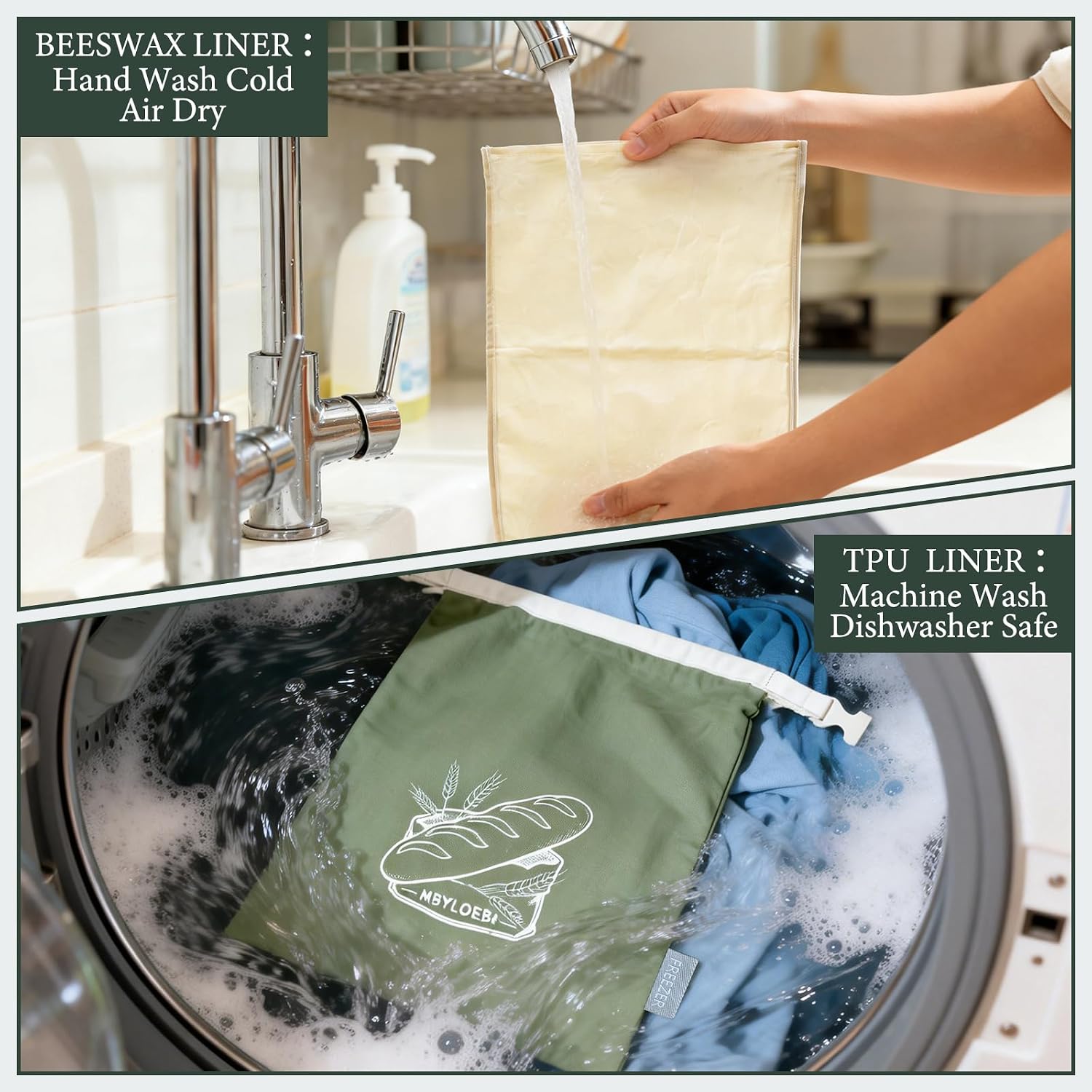 Sourdough Bread Bags for Homemade Bread - 2-Pack Identical Canvas Bags with 2 Different Liners, 1 Detachable Beeswax and 1 Attached TPU Freezer Bag - Sage Green Sourdough Storage