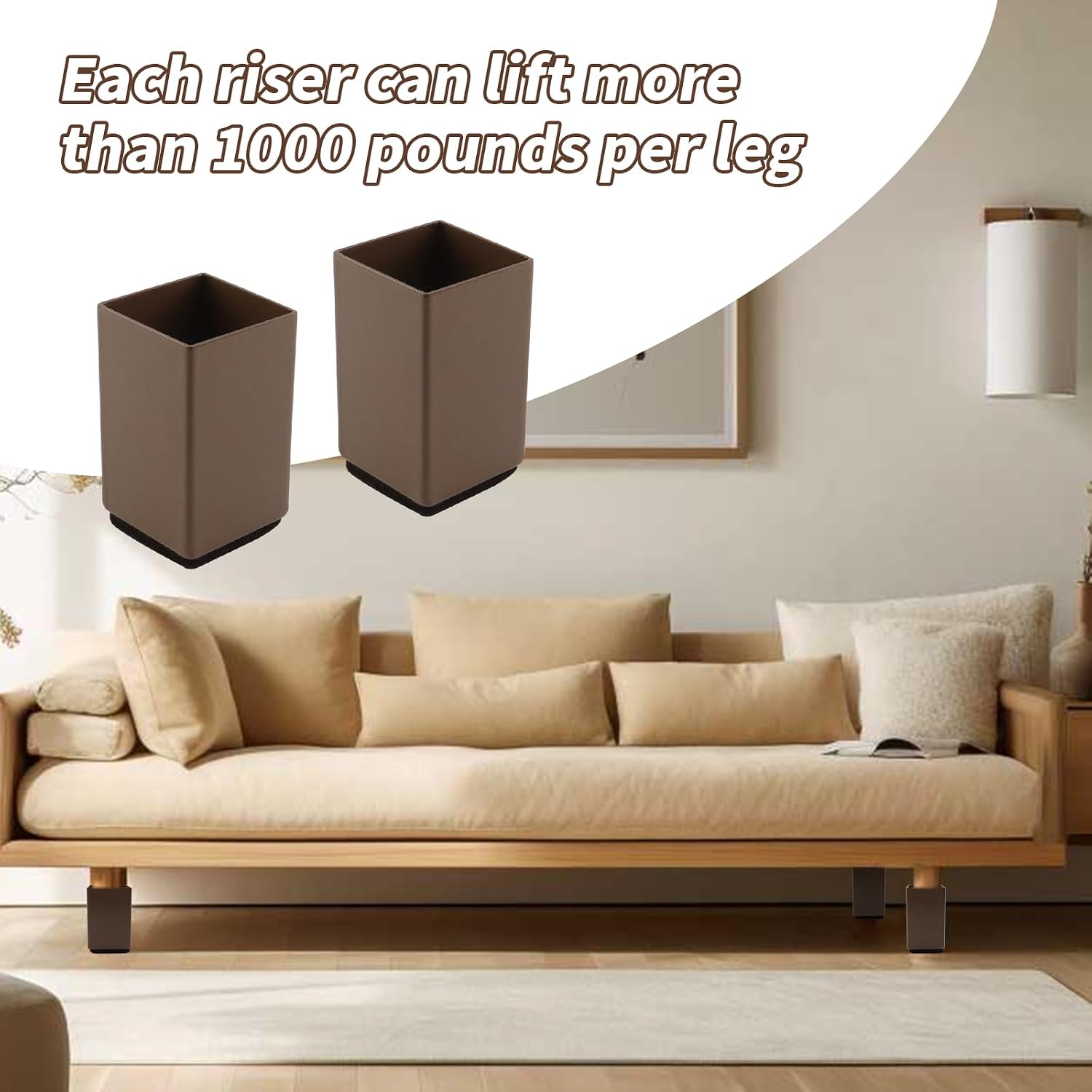 4 Pack 2 inch Bed Risers,Furniture Table Sofa Lift,Furniture Risers,Heavy Duty Square Supports with Felt Pad-Support 1100 LBS Per Leg-Brown(Width 1.6"-Adds 2" Height)