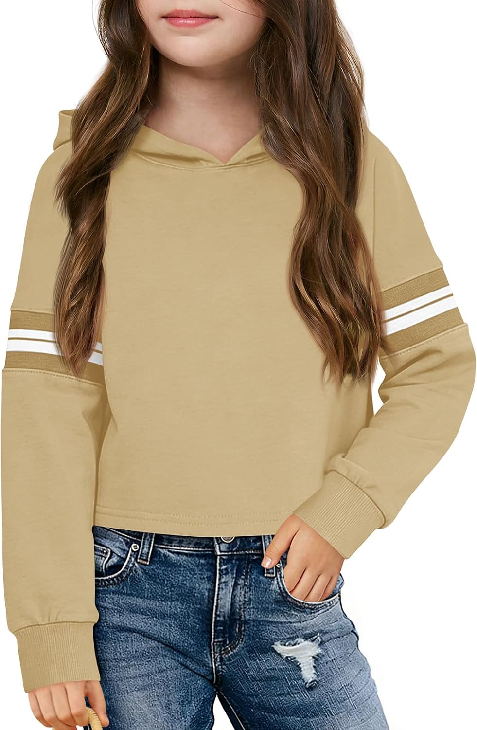 Haloumoning Girls Fashion Hoodies Kids Cute Striped Long Sleeve Crop Tops Hooded Sweatshirts 5-14 Years