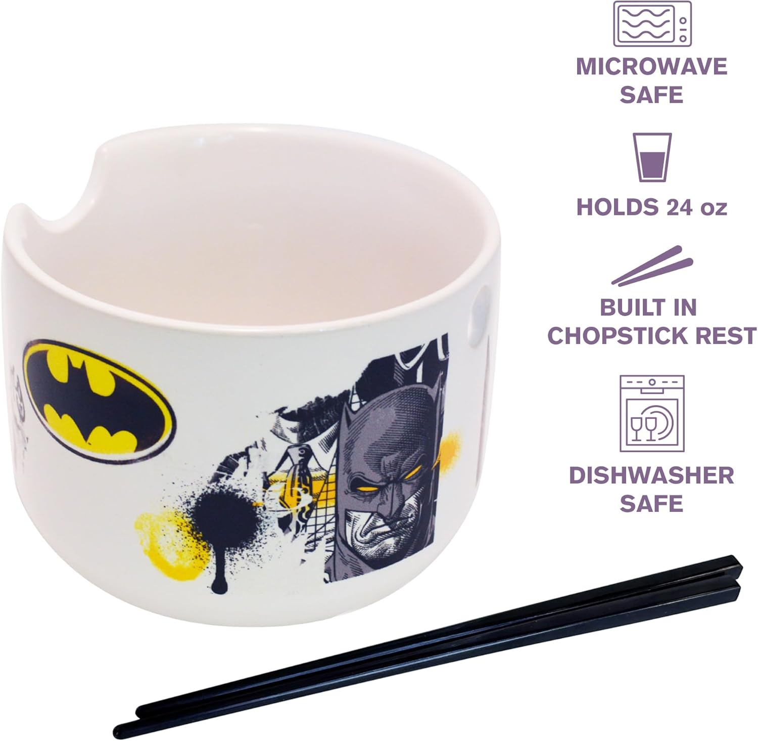 Katalyst Batman Ramen Bowl and Chopsticks Set - Modern Ceramic Construction, Black Ceramic, 20 oz, Noodle, Round, Microwave Safe
