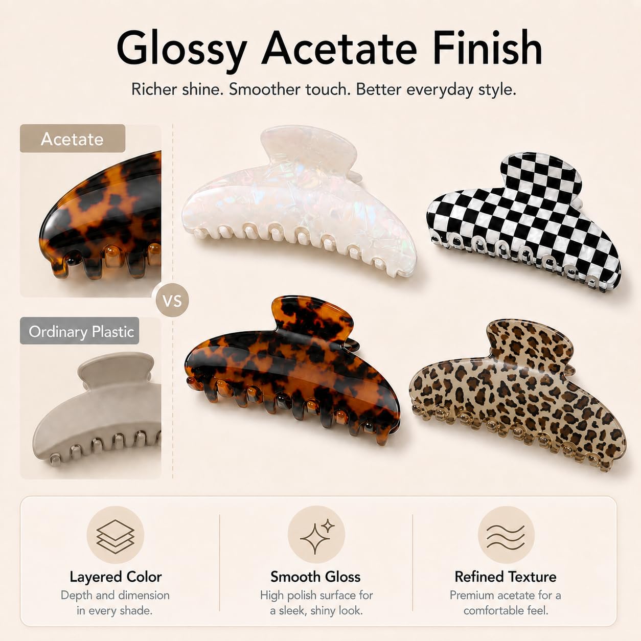 4 Pack Large Hair Claw Clips for Women, Acetate Finish Jaw Clips with Tortoise, Checker, Pearl and Leopard Patterns for Thick Long Hair