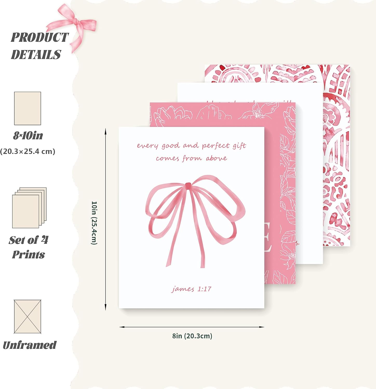 LARTSFRO Pink Bow Christian Wall Art Decor Posters Prints, Floral Scripture Inspirational Bible Verses Wall Decor Christian Gifts for Women, Bow Room Bedroom Bathroom Dorm Wall Art Decor Aesthetic for College Teen Girls Gifts, 10x8 Inch Set of 4 Pcs God is Love Pictures (UNFRAMED) image 2