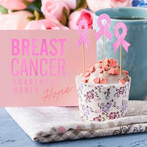 Miniatura 6 de 100 piezas de decoración para cupcakes de concientización sobre el cáncer de mama con purpurina de doble cara rosa roja rosa cinta rosa rosa
