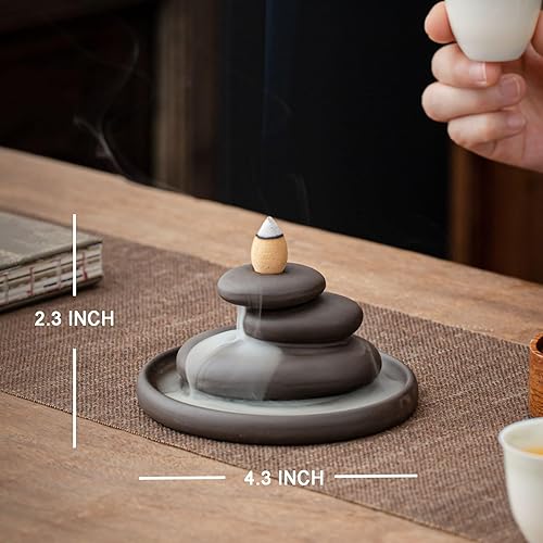 Miniatura 6 de OwMell Balanced Stones Cairn - Soporte para incienso de reflujo de cerámica, piedra zen apilada, quemador de incienso de cascada para decoración del