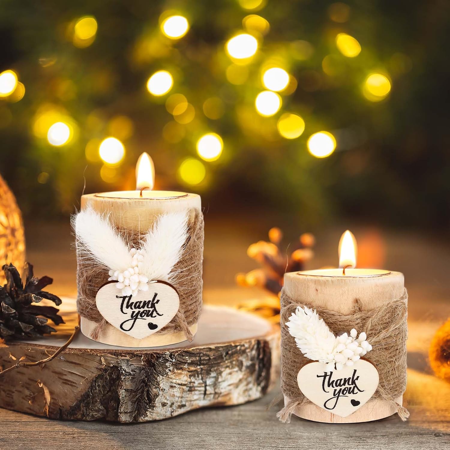 MTLEE 20 Sets Baptism Candle Favors for Guests Wooden Candle Holders with Tealight Candles Tags and Gift Boxes for Baptism Wedding Party Baby Shower Souvenirs (White1,Thank You)