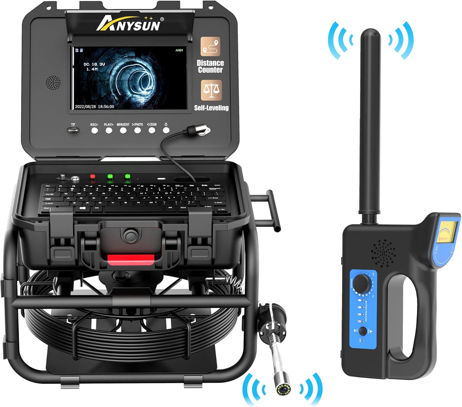 Anysun Sewer Camera with Locator Self-Leveling Meter Counter, Built-in Microphone & Speaker, 1080P 9" IPS Monitor, IP68 Waterproof Sewer Camera with DVR, 165Ft Harder Cable(16GB TF Card)