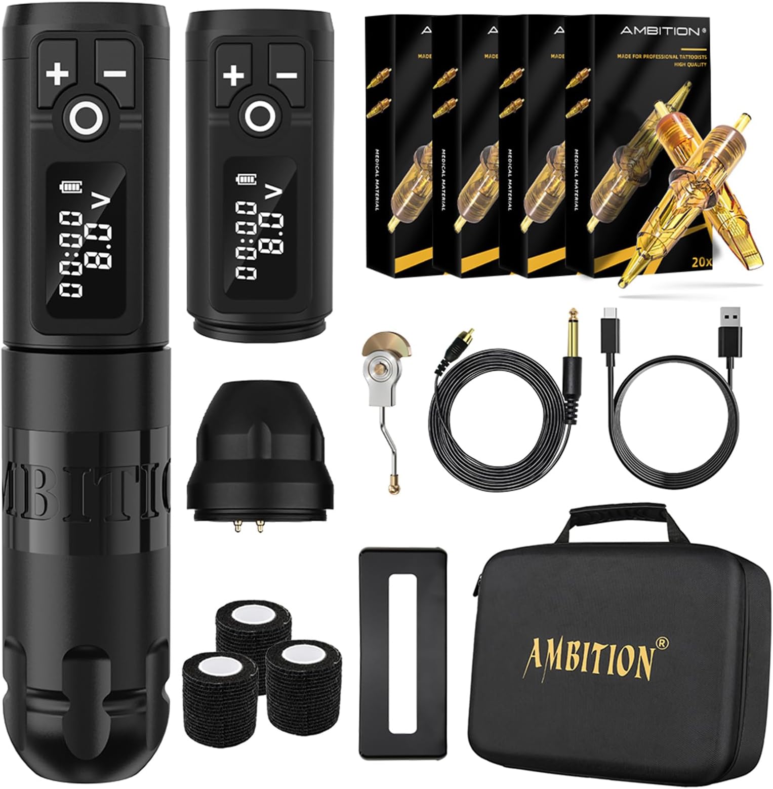 Ambition Soldier Wireless Tattoo Machine Kit Complete Rotary Coreless Motor Tattoo Pen Kit with Extra 2400mAh Battery 80pcs Glory Mixed Size Cartridge Needles Supply for Professional Tattoo Artist