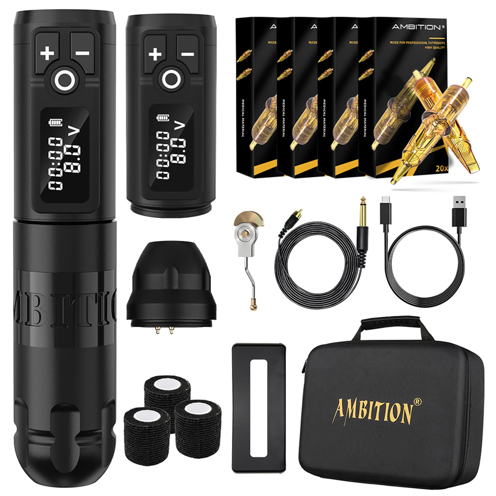 Ambition Soldier Wireless Tattoo Machine Kit Complete Rotary Coreless Motor Tattoo Pen Kit with Extra 2400mAh Battery 80pcs Glory Mixed Size Cartridge Needles Supply for Professional Tattoo Artist