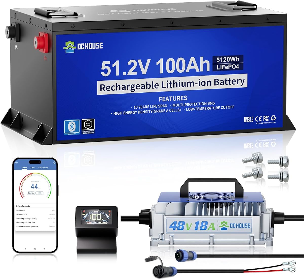 DC HOUSE Metal Case 48V 100Ah Lithium Golf Cart Battery Kit w/ 18A Charger