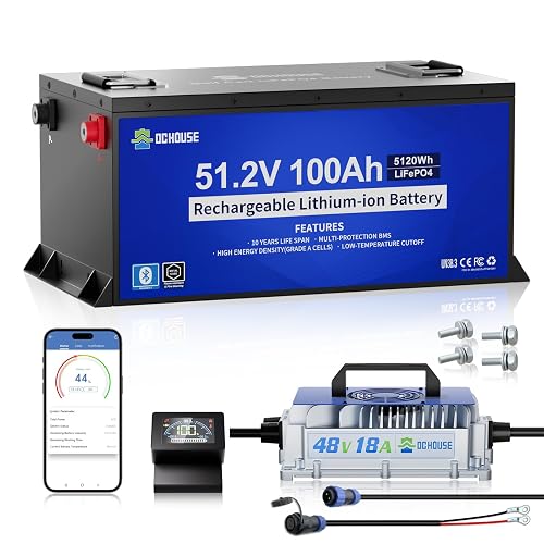 DC HOUSE Metal Case 48V 100Ah Lithium Golf Cart Battery Kit w/ 18A Charger | 200A BMS Lifepo4 Battery with 48V 18A Charger, Bluetooth Mobile APP & LCD Monitor, Peak Current 670A