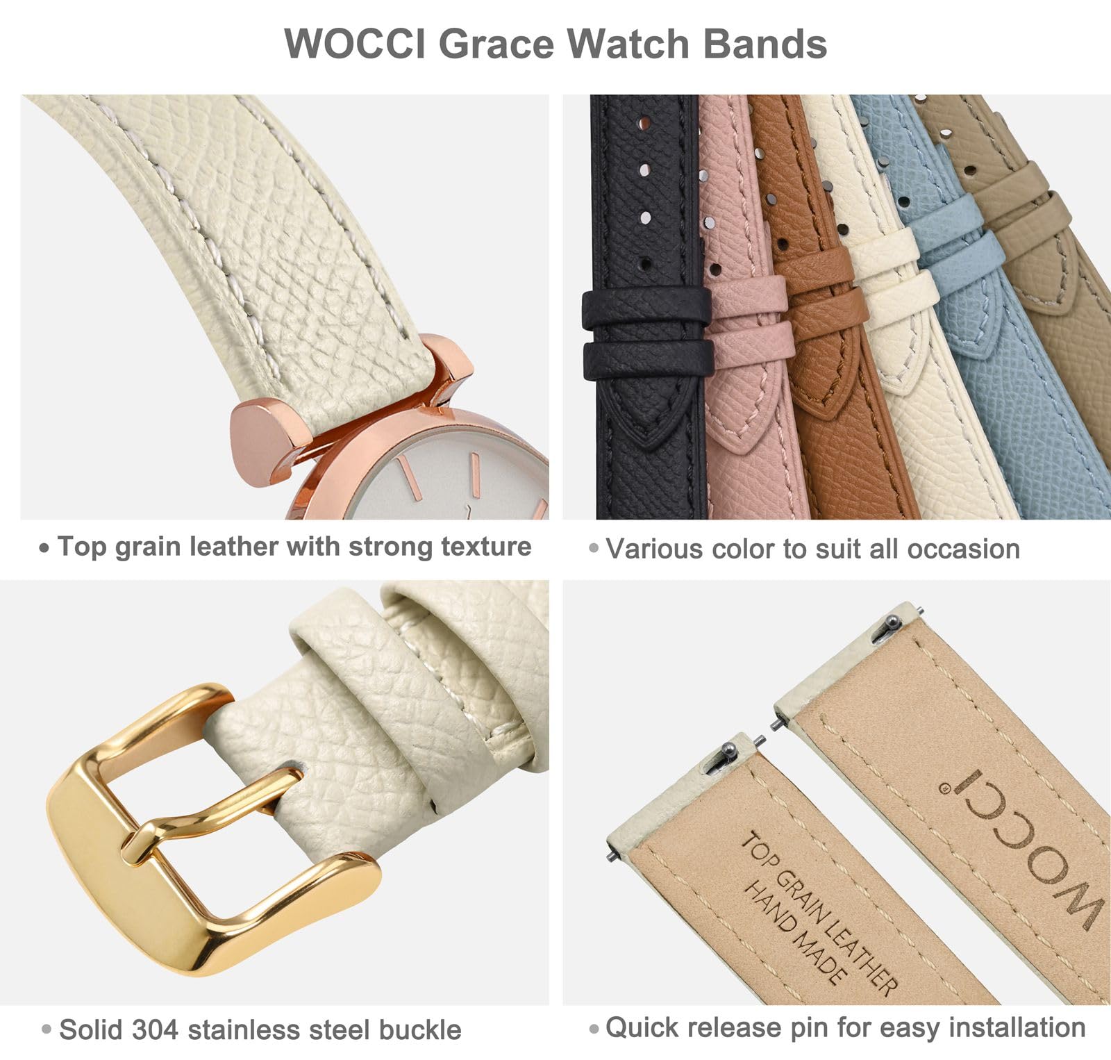WOCCI Grace Watch Strap, Top Grain Leather, Quick Release Replacement Bands, Stainless Steel Buckle, Band Width 12mm 14mm 16mm 18mm 20mm — view 4