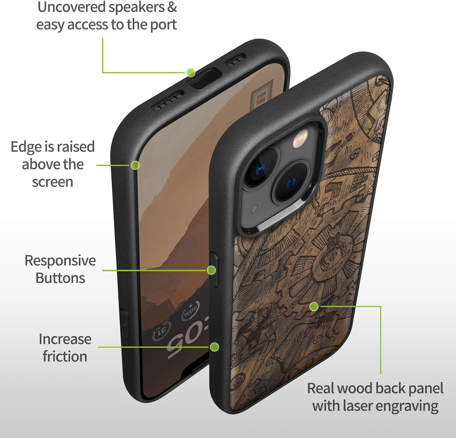 Carveit Magnetic Wood Case for iPhone 14 Plus - Natural Wood & Black Soft TPU - Shockproof Protective Cover - Unique & Classy Wooden Case - Compatible with MagSafe (Clockwork Mischief -Walnut)