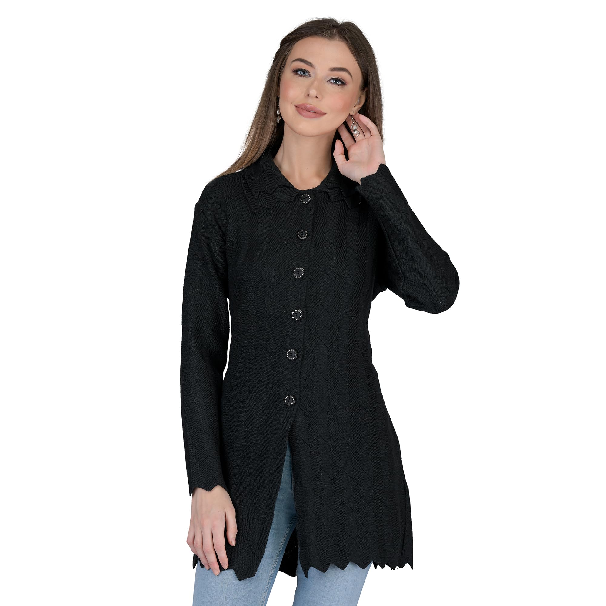lady willington Women's Woolen V-Neck Cardigan With Double Collar - Heavy Daffodil Fabric Winter Wear Pure Wool Long Cotty Fully Warm Cardigan (Black, Medium)-picture-33