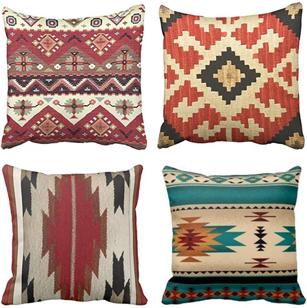 Jbralid Tribal Western Geometric Colorful Nature Color Patterns Orange Cotton Linen Indoor Decor Throw Pillow Cover Case Set of 4, 26x26 in