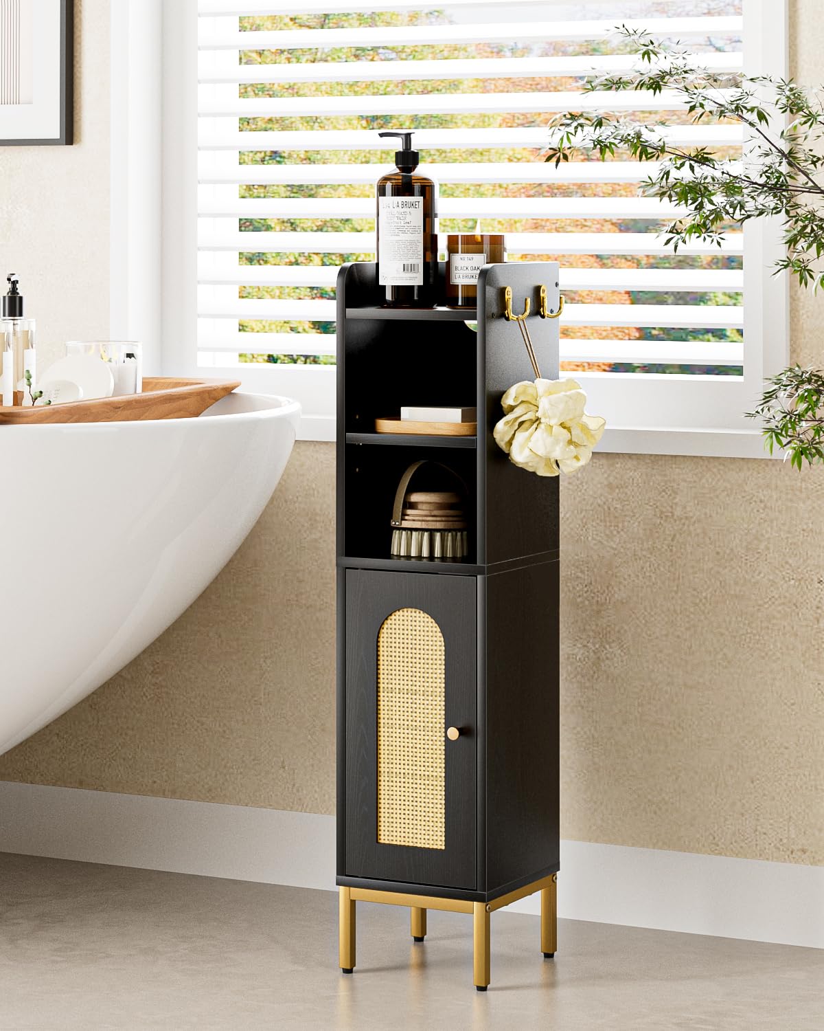 HEYZOEY Armoire de salle de bain - Meuble de rangement haut avec porte - Rangement fin pour salle de bain, cuisine, salon, chambre à coucher, bureau - Rotin noir