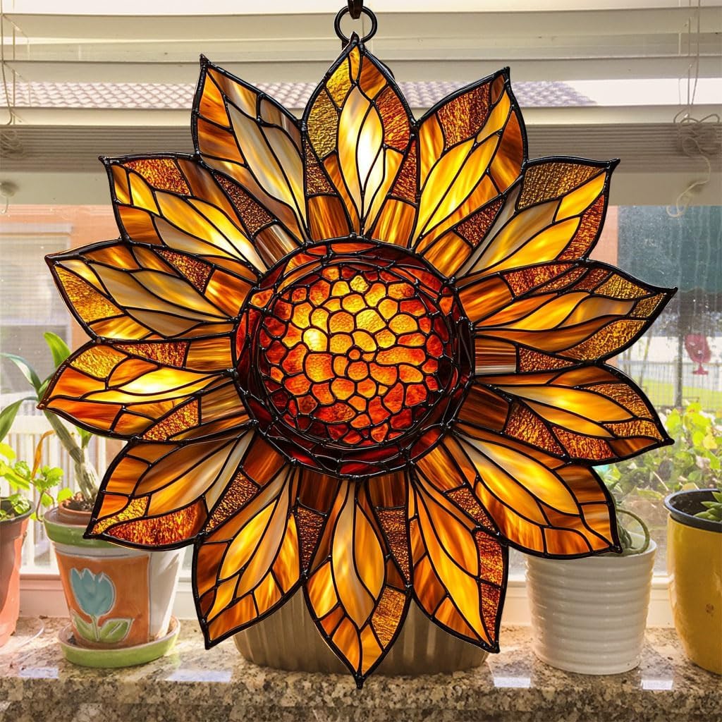 Sunflower Acrylic Suncatcher Stained Glass Effect Window Car Hanging Christmas Ornament Indoor Outdoor Decor Garden Sun Catcher Panel for Sunflower Lover for Women Mom Grandma