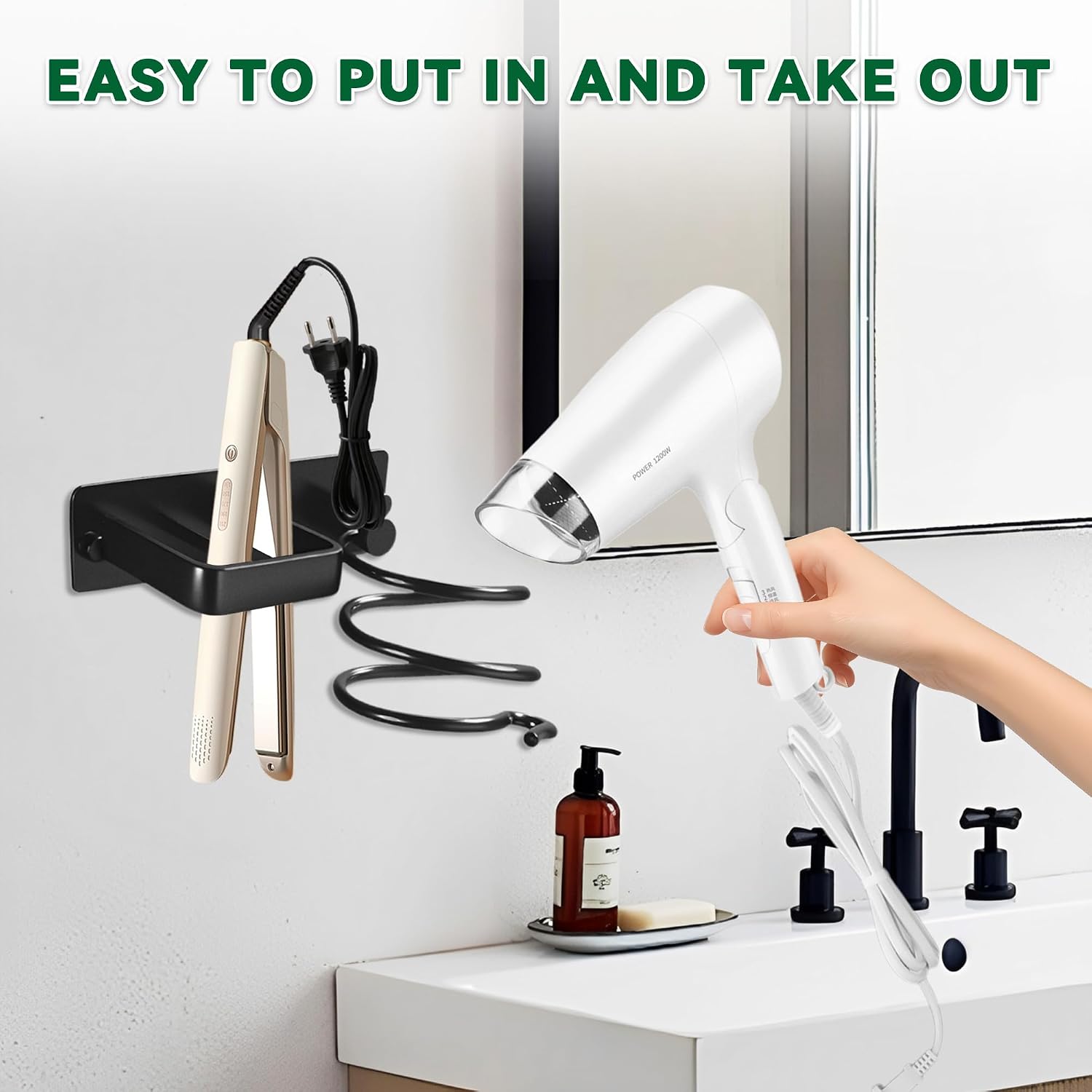 Hair Dryer Rack Wall Mounted Stainless Steel Shelf Storage For Bathroom Walls (Black)