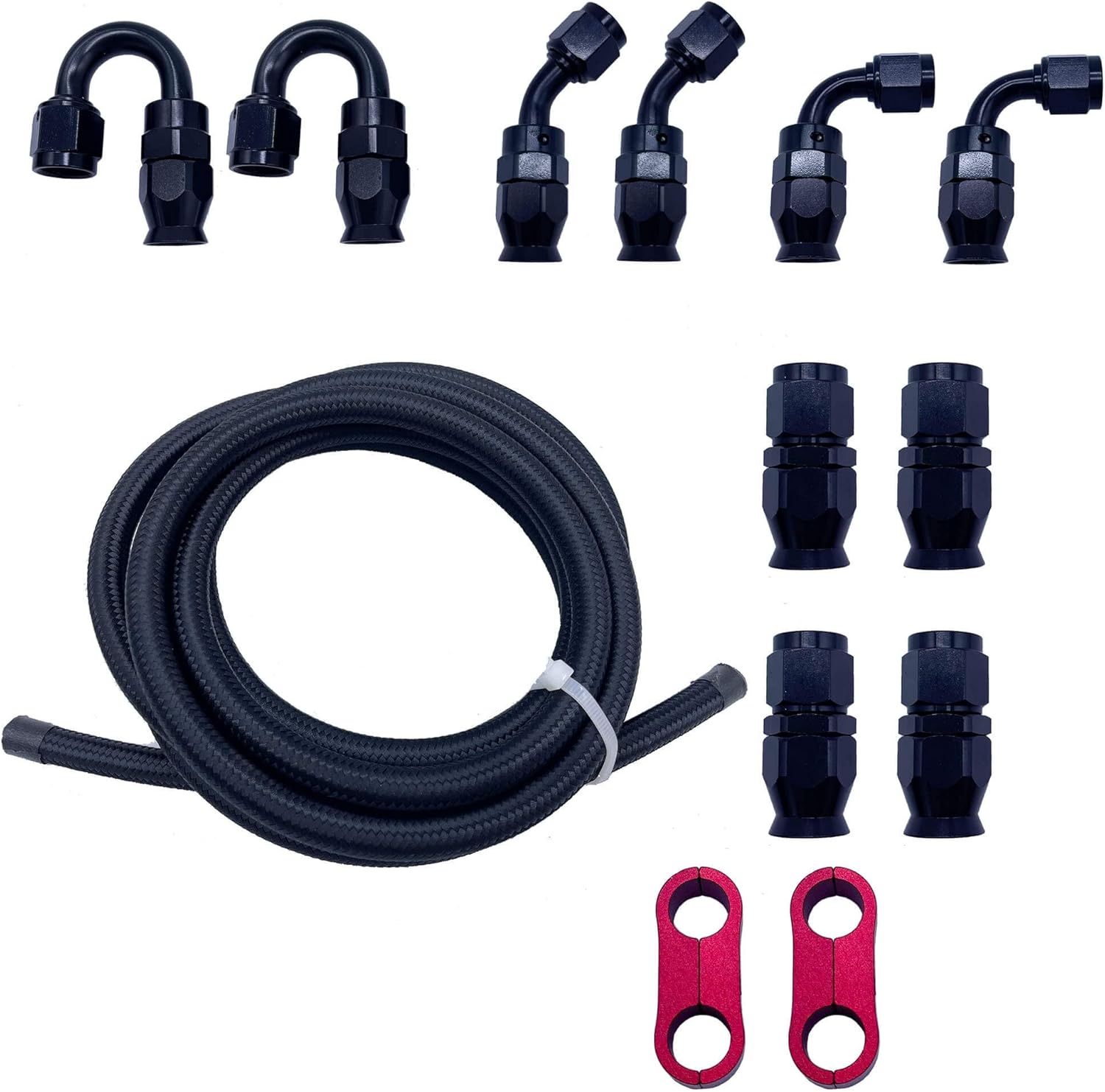 6AN Fuel Line Kit PTFE E85 Hose 10FT, Stainless Steel Braided High Pressure Fuel Line Black with 10pcs Swivel Fuel Hose Fitting Adapters Kit and 2pcs Hose Separator Clamp