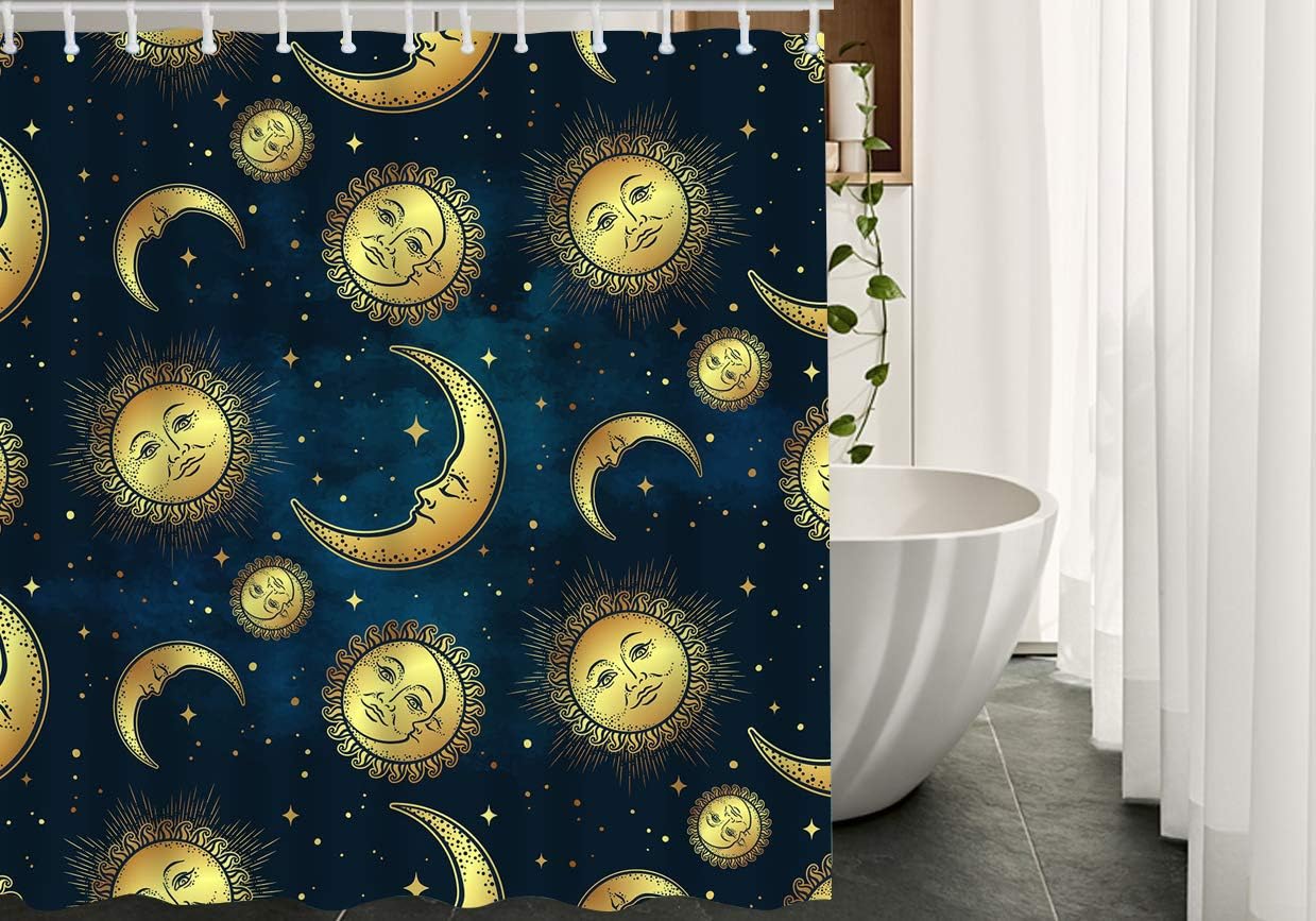 AOYEGO Moon Sun and Stars Fabric Shower Curtain with Hooks Gold Celestial Face Cosmos Celestial Night Sky Galaxy Bath Shower Curtain Polyester 72x72 Inch for Bathrooms Bathtubs Camping