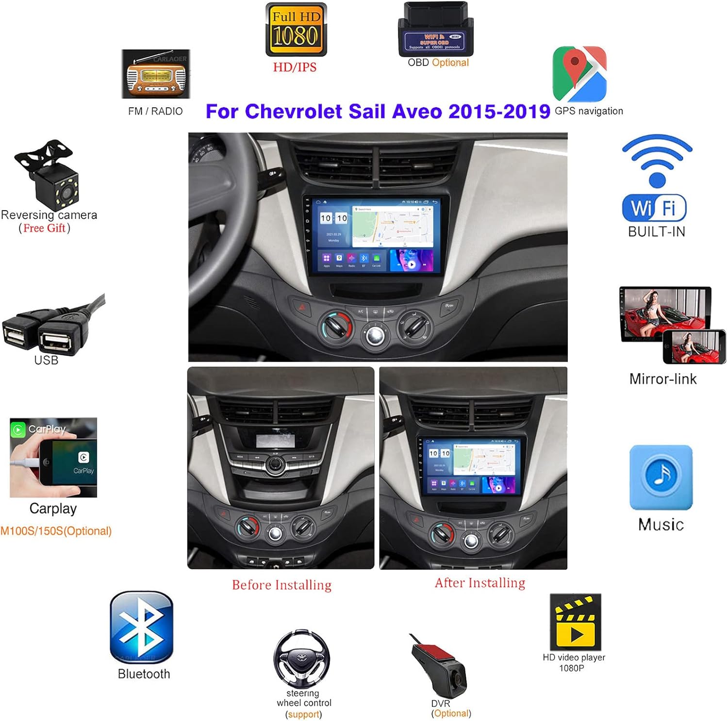 9" Android 11 Car Stereo Radio Navigation GPS for Chevrolet Sail Aveo 2015-2019 Multimedia Video MP5 Player Support Carplay/Bluetooth/4G/Wifi/FM AM/SWC