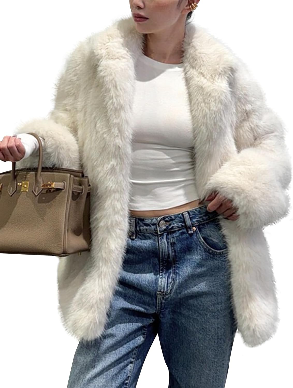 Kissonic Women's Long Faux Fur Coat Lapel Shaggy Winter Jacket Luxury Warm Furry Open Front Outerwear
