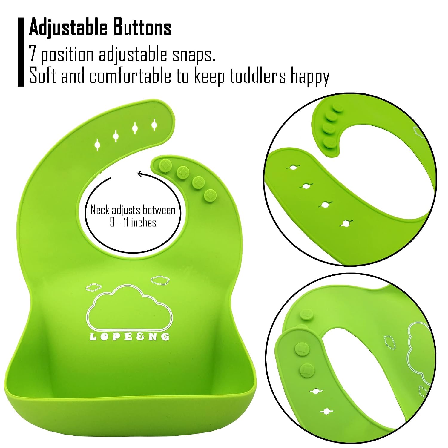 LOPE & NG Silicone Feeding Bib (Light Green/Light Blue) - Adjustable Snaps Soft Baby Bibs for Infants and Toddlers with Food Catcher Pocket Set of 2