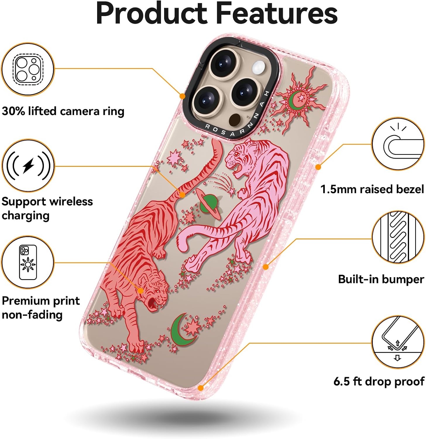 Rosarnnah for iPhone 16 Pro Case Cute - Durable Shockproof 6.6 ft Drop Impact Phone Case - Funny Tiger Design (6.3") Glitter Pink