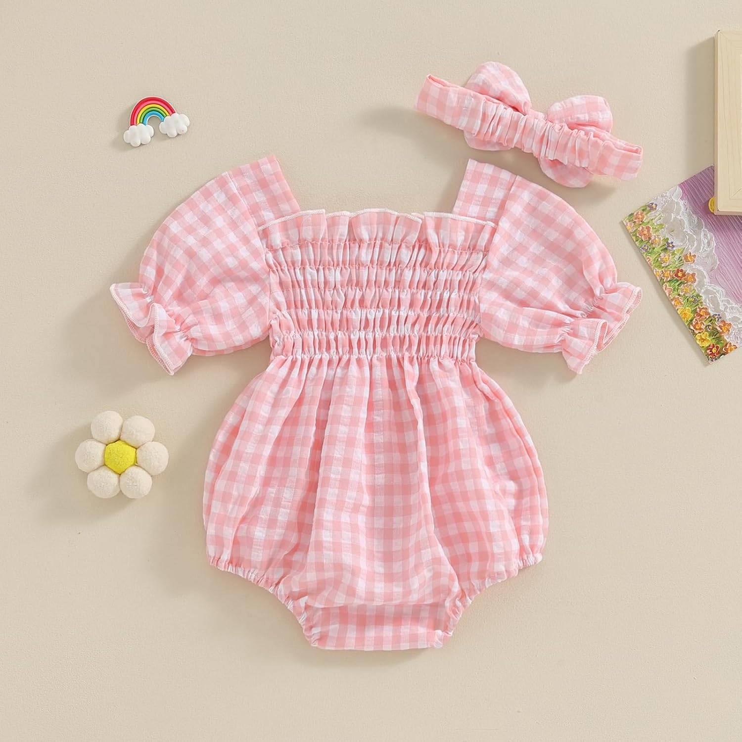 ZAXARRA Infant Baby Girl Plaid Romper Baby Pleated Romper Ruffle Festival Bodysuit Spring Summer Clothes with Headband - Image 2