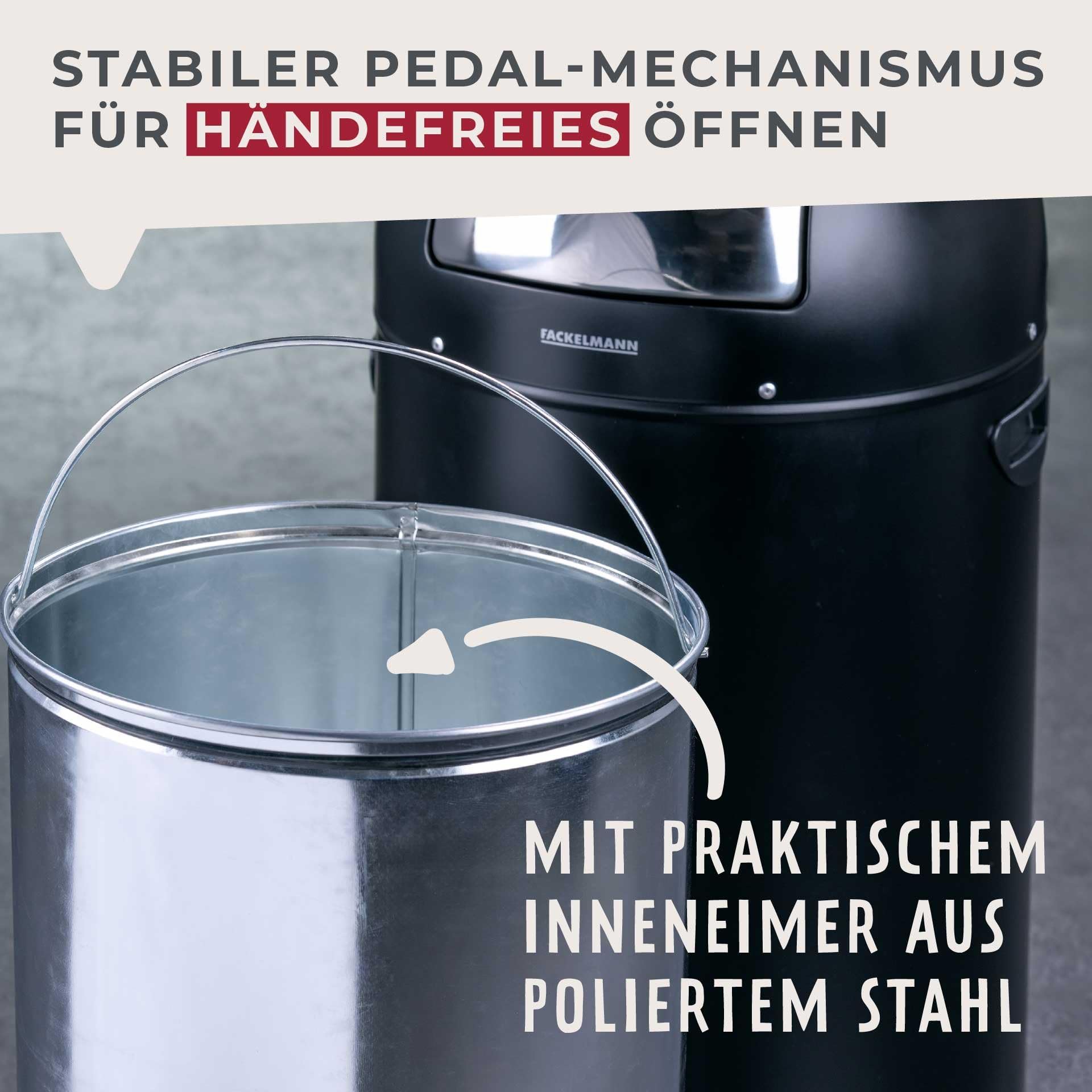 FACKELMANN ROME Pedal-Abfallsammler 33L Schwarz matt – Stilvoller Abfalleimer in Retro-Design mit robustem Pedalmechanismus und Edelstahl-Inneneimer, ca. 39 x 43 x 69 cm