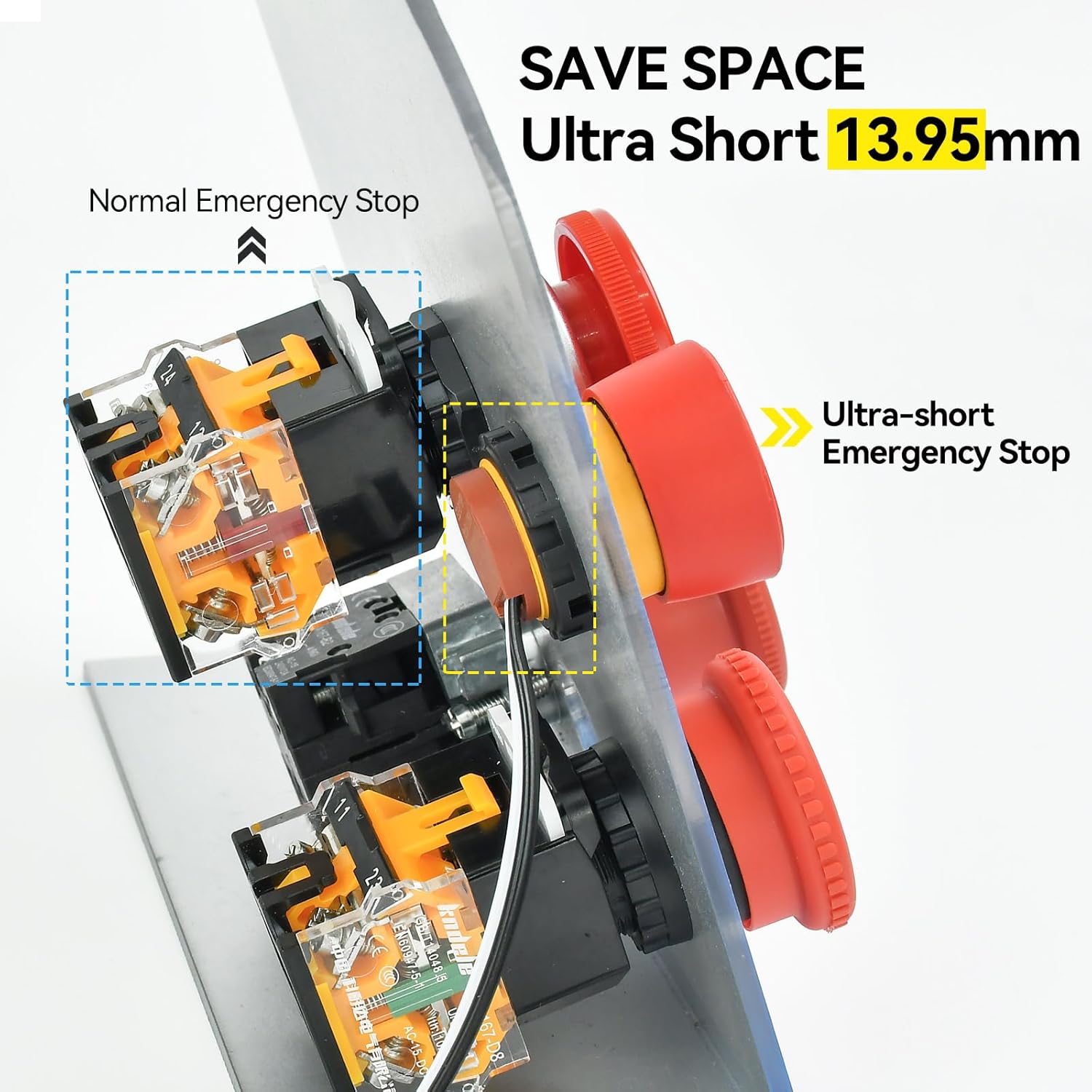 Ultra-Short 22mm Emergency Stop Switch with Wire 2NC 4Pin 2-Way; 7/8" Hole; IP65 Waterproof; 5 Amp 250VAC; 14mm Behind the Panel Space-Saving